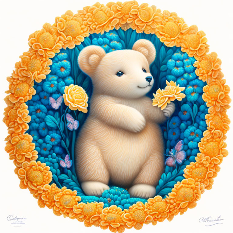 Fluffy Tan Bear Surrounded by Blue and Orange Flowers