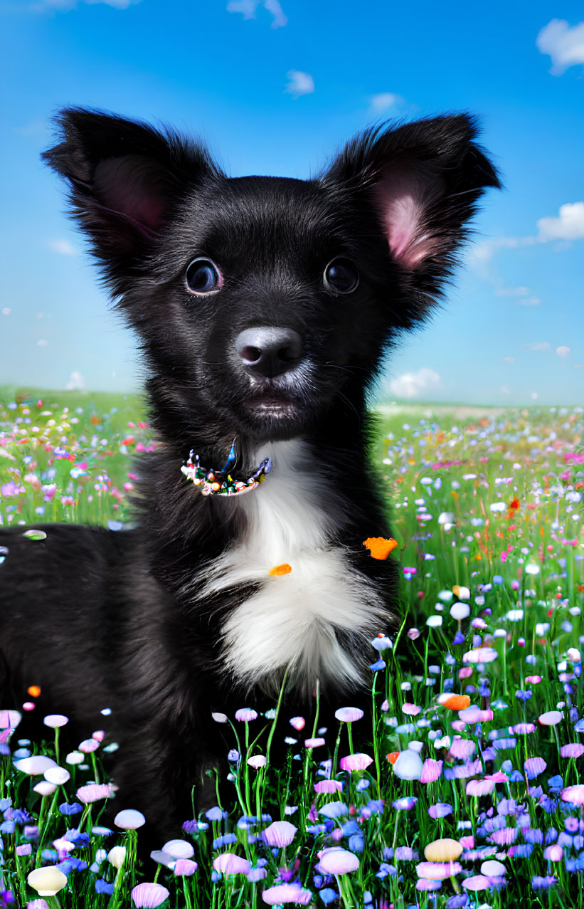 Black Puppy with Bright Eyes in Colorful Flower Field