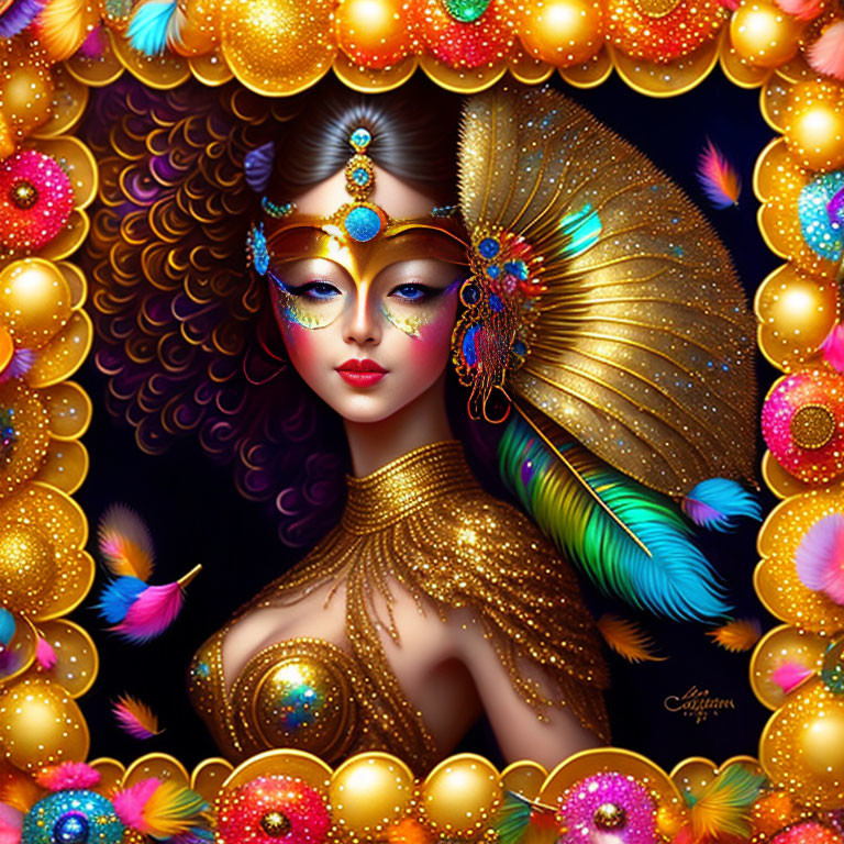 Colorful illustration of a masked woman with gold and peacock feathers.