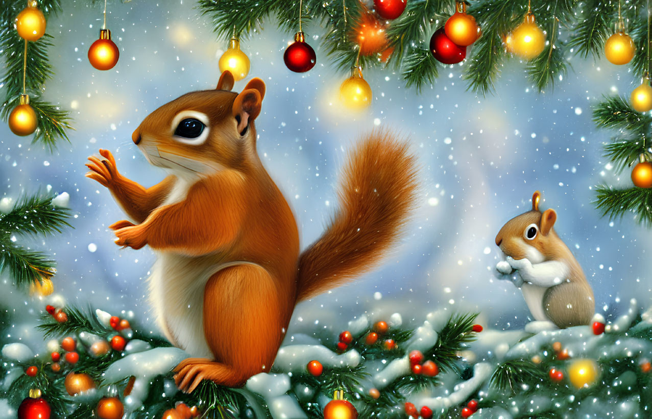 Illustrated squirrels on snow-covered branches with festive decorations