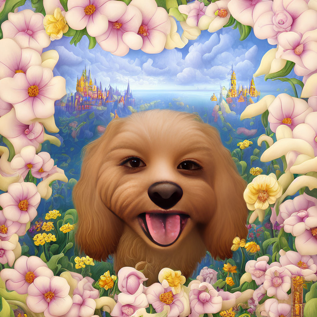 Brown Puppy Surrounded by Colorful Flower Frame and Whimsical Castles