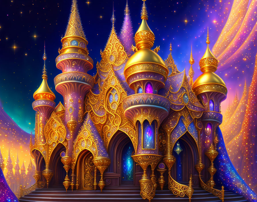 Golden fantasy palace with spires and domes under starry night sky