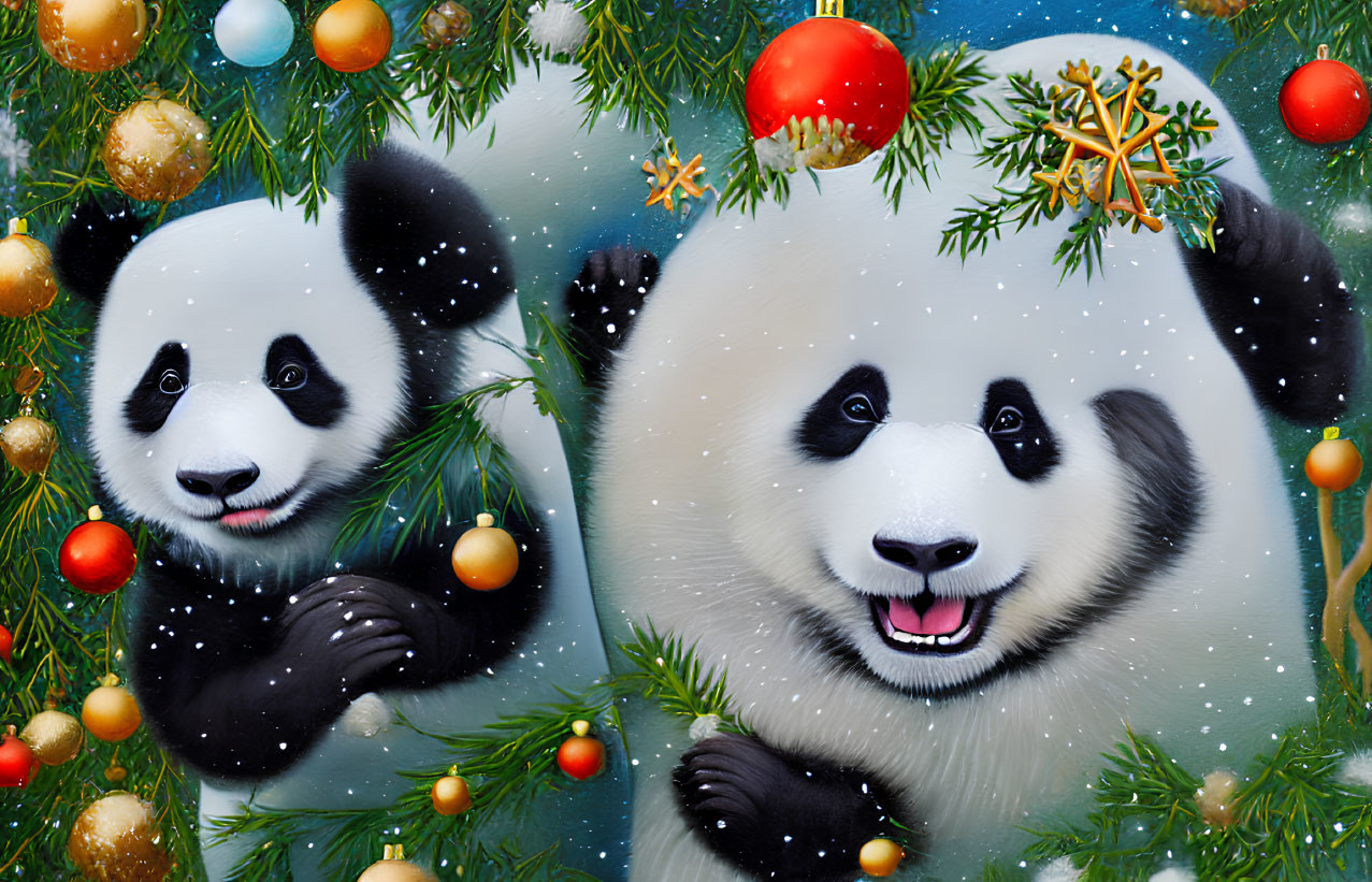 Smiling pandas with Christmas decorations and snowflakes