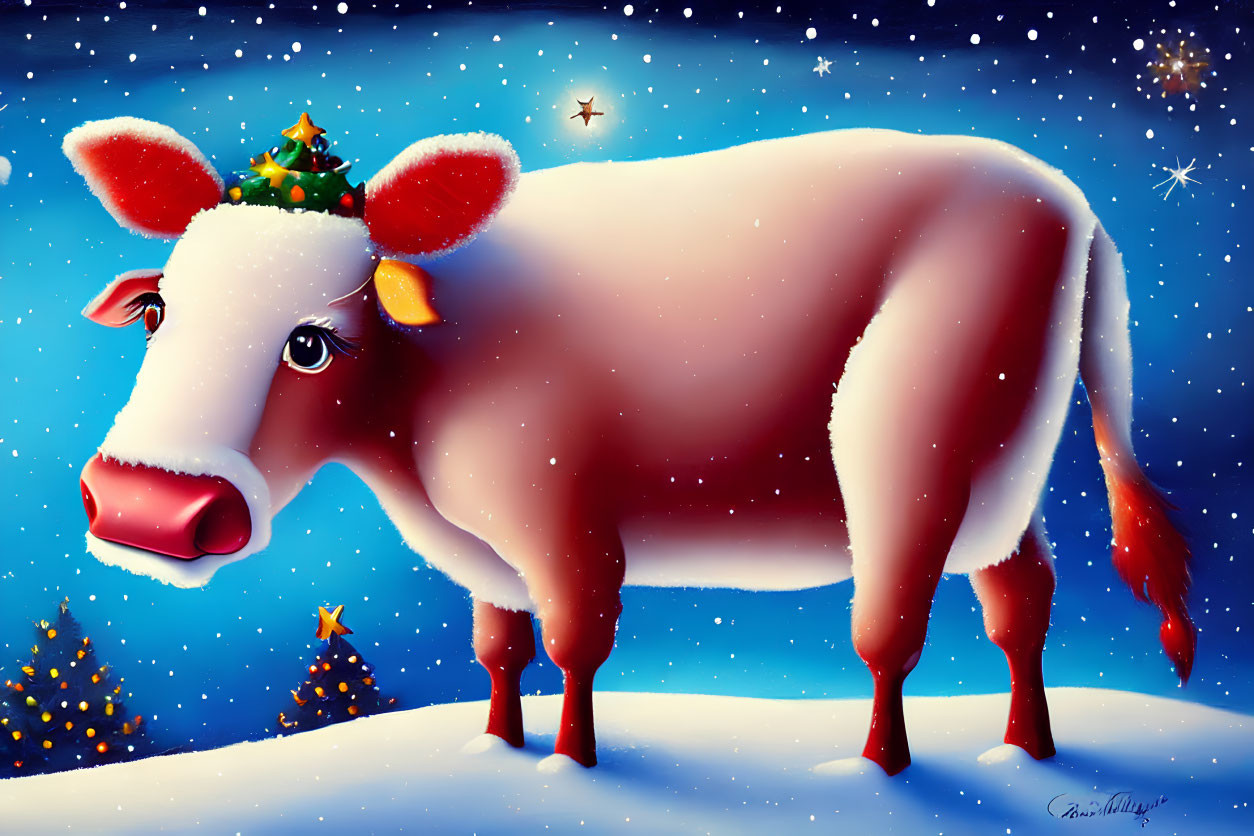 Whimsical cow with Christmas tree in snowy landscape