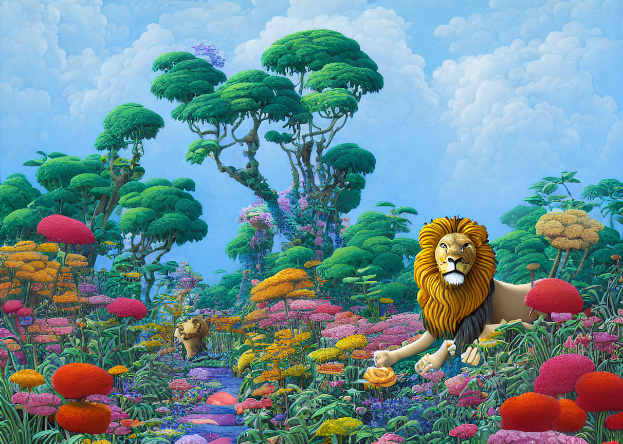 Colorful forest illustration with oversized flora and two lions, one with regal mane.