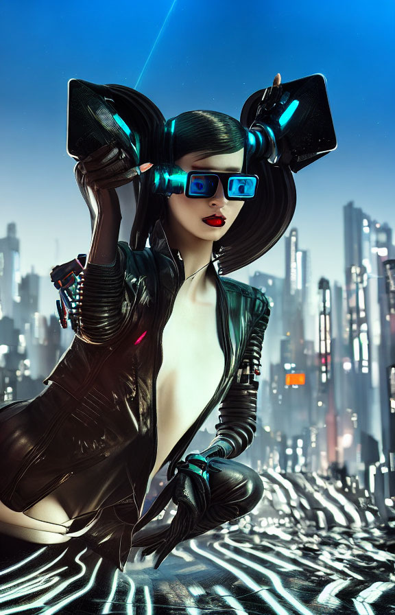 Futuristic woman in blue glasses and headgear against neon cityscape