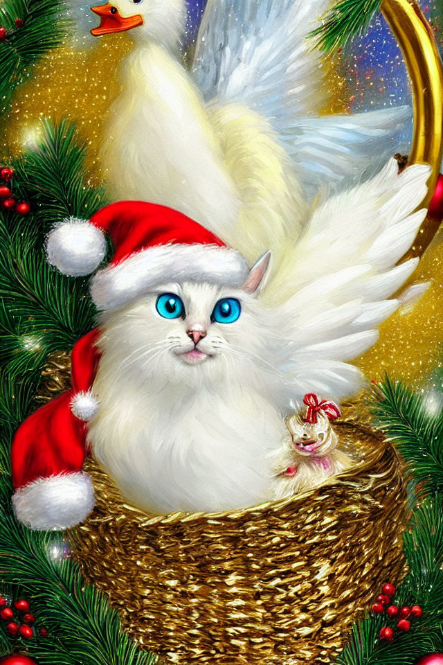 White Cat with Angel Wings and Santa Hat in Golden Basket Amid Christmas Decor