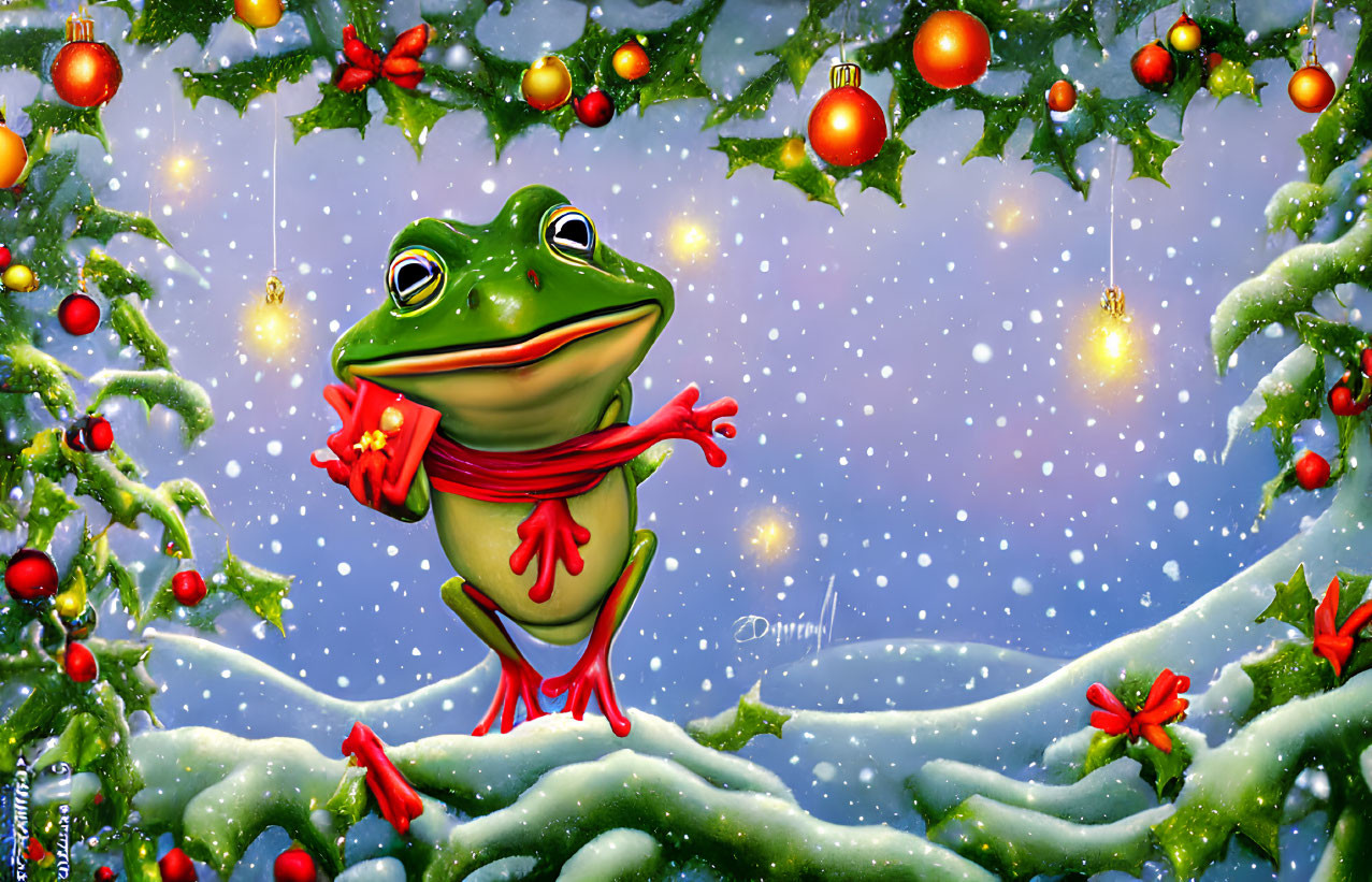 Smiling frog with red scarf holding present in festive winter scene