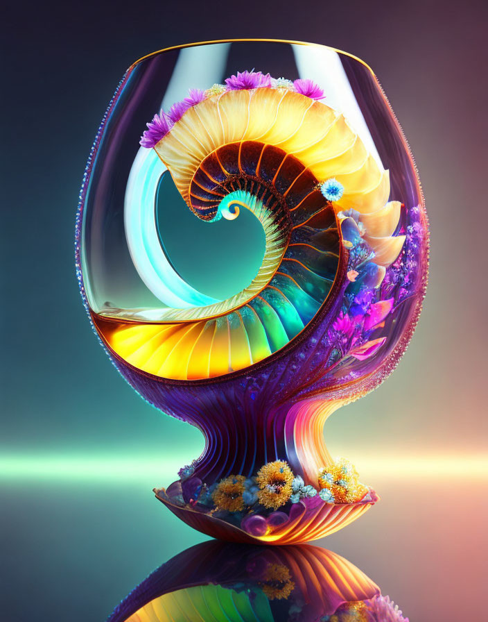 Colorful nautilus shell in glass with flowers on reflective surface