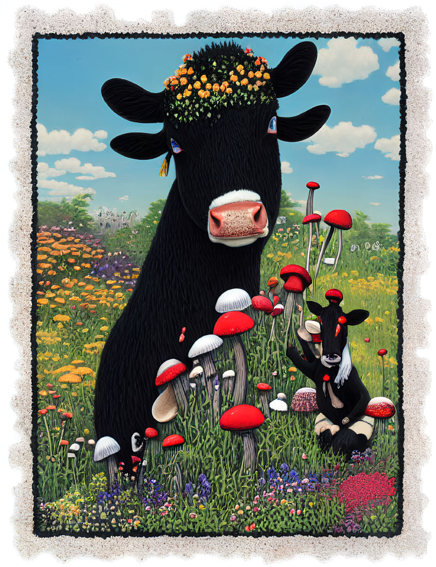 Whimsical cow with floral headpiece in vibrant mushroom and floral meadow.