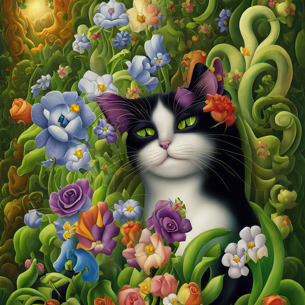 Whimsical black and white cat painting with vibrant floral backdrop