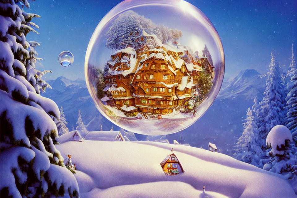 Snow-covered houses reflected in crystal-clear bubble in winter scene