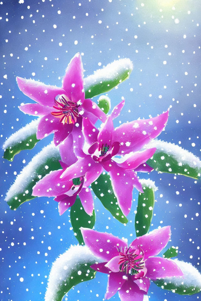 Pink Flowers and Snowflakes on Blue Background with Falling Snow