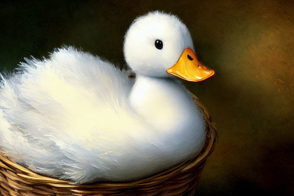 White Duckling with Orange Beak in Woven Basket on Dark Background