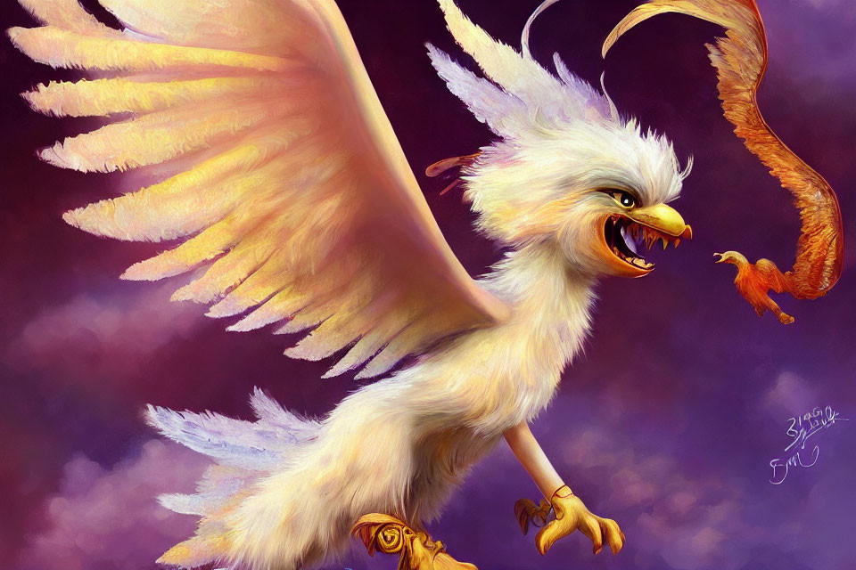 Colorful bird-like creature with open wings on purple background