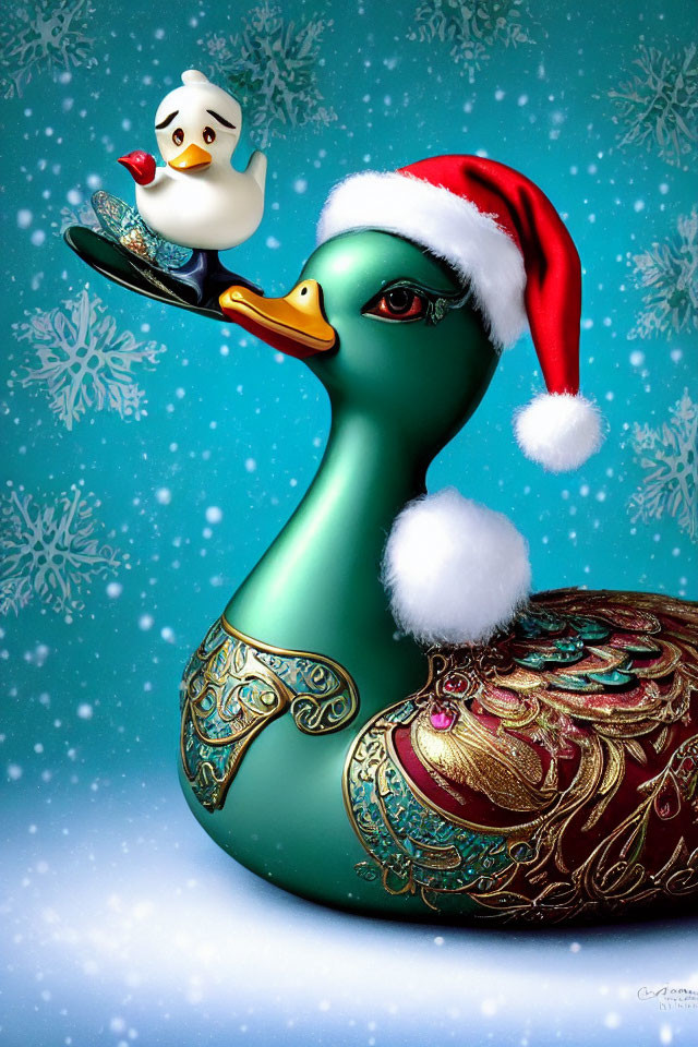 Ornate green duck with Santa hat and white duck on back in wintry scene