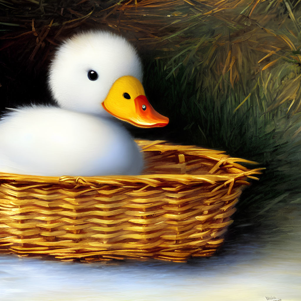 White and Yellow Duck Toy in Wicker Basket with Orange Beak