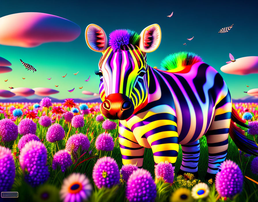 Colorful Zebra Surrounded by Vibrant Flowers and Butterflies