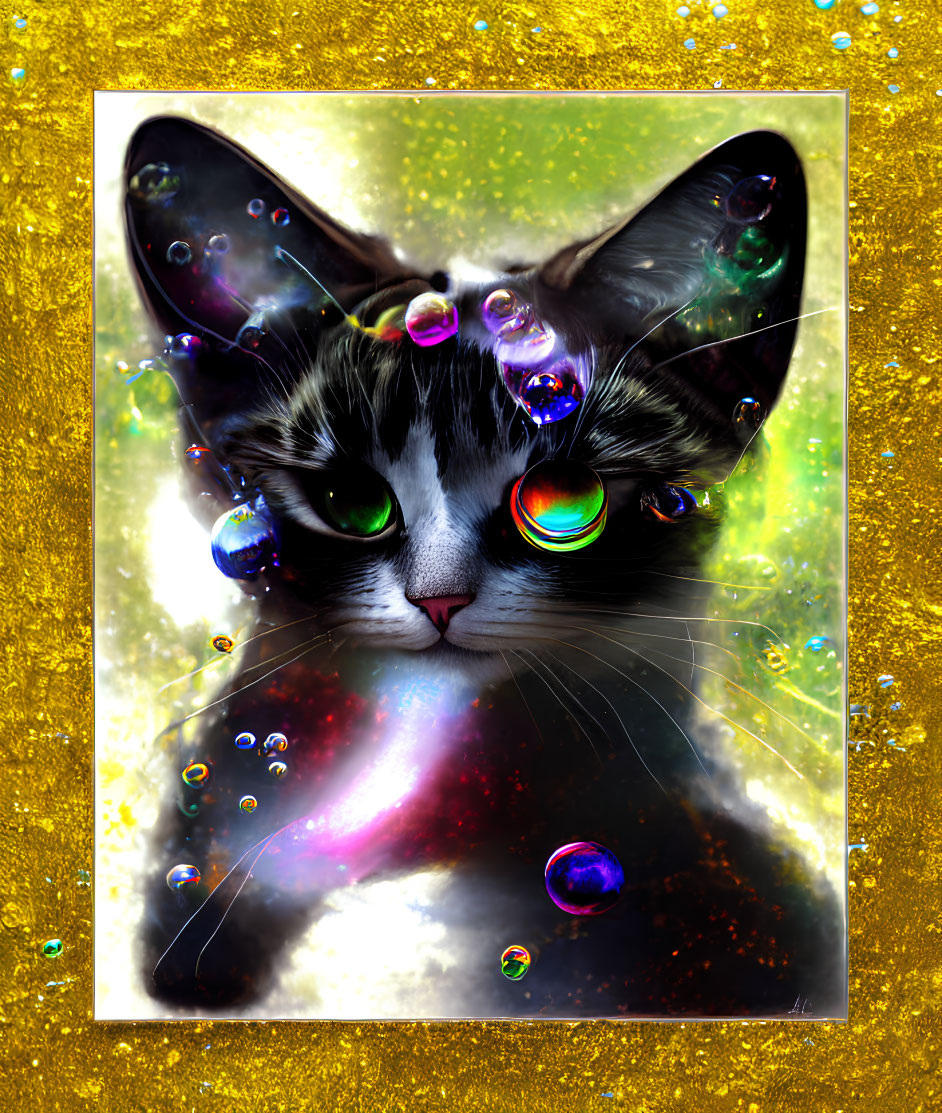 Colorful digital artwork: Cat with green eyes in bubbles on golden background