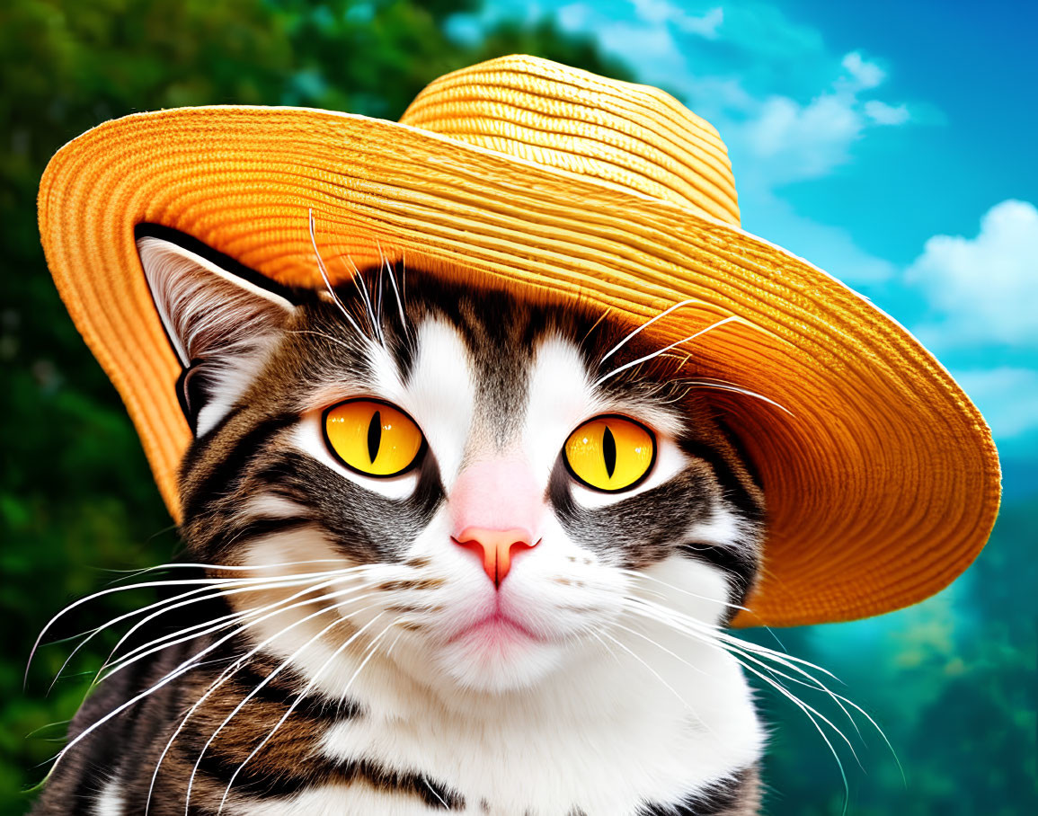 Yellow-Eyed Cat in Bright Sun Hat with Blue Sky Background