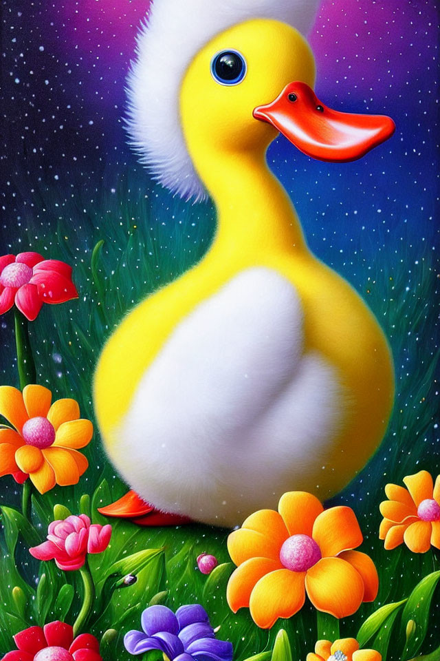 Colorful illustration of yellow duckling with white hat in starry sky surrounded by flowers.