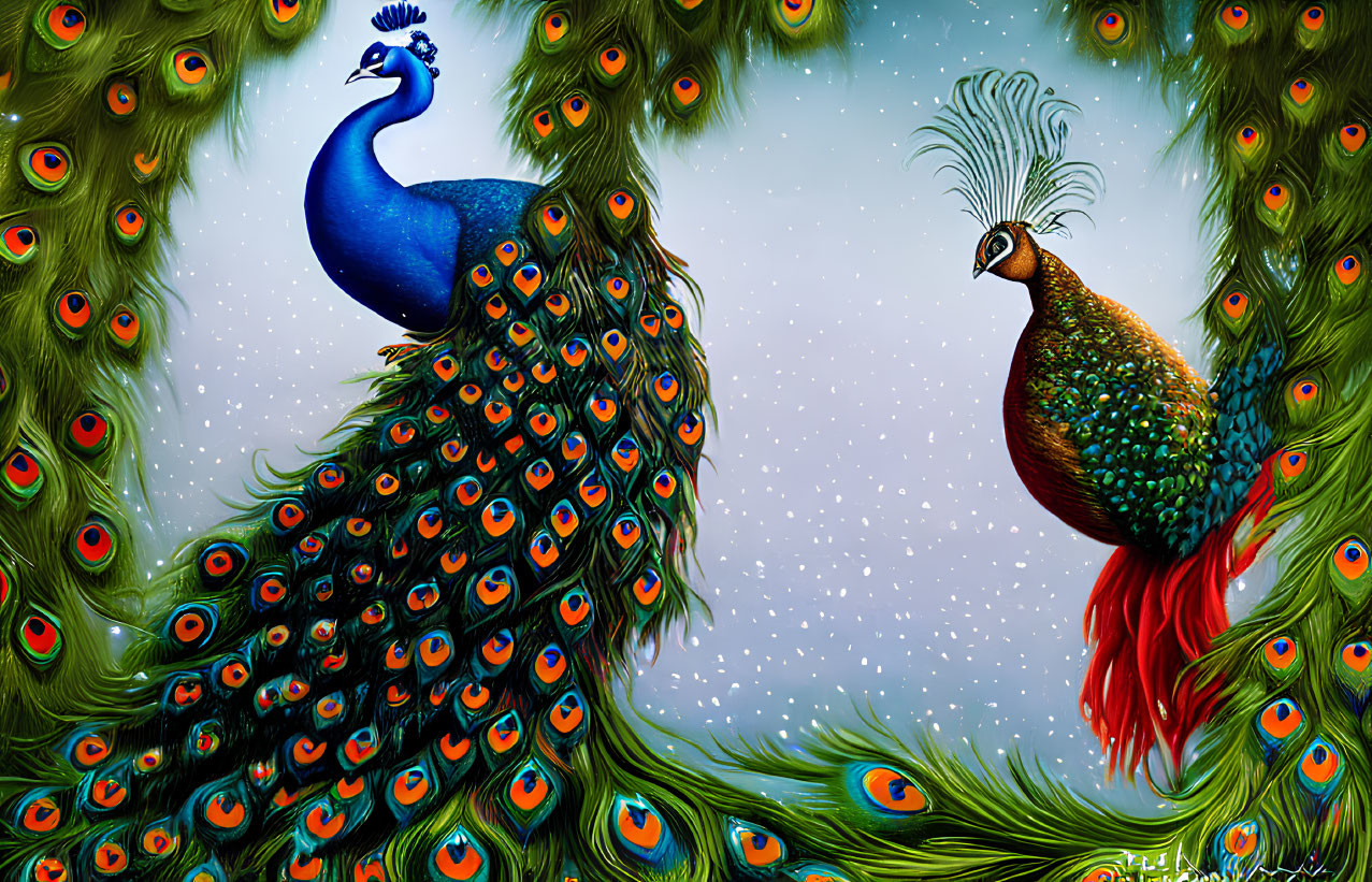 Colorful Peacocks Illustration in Lush Greenery