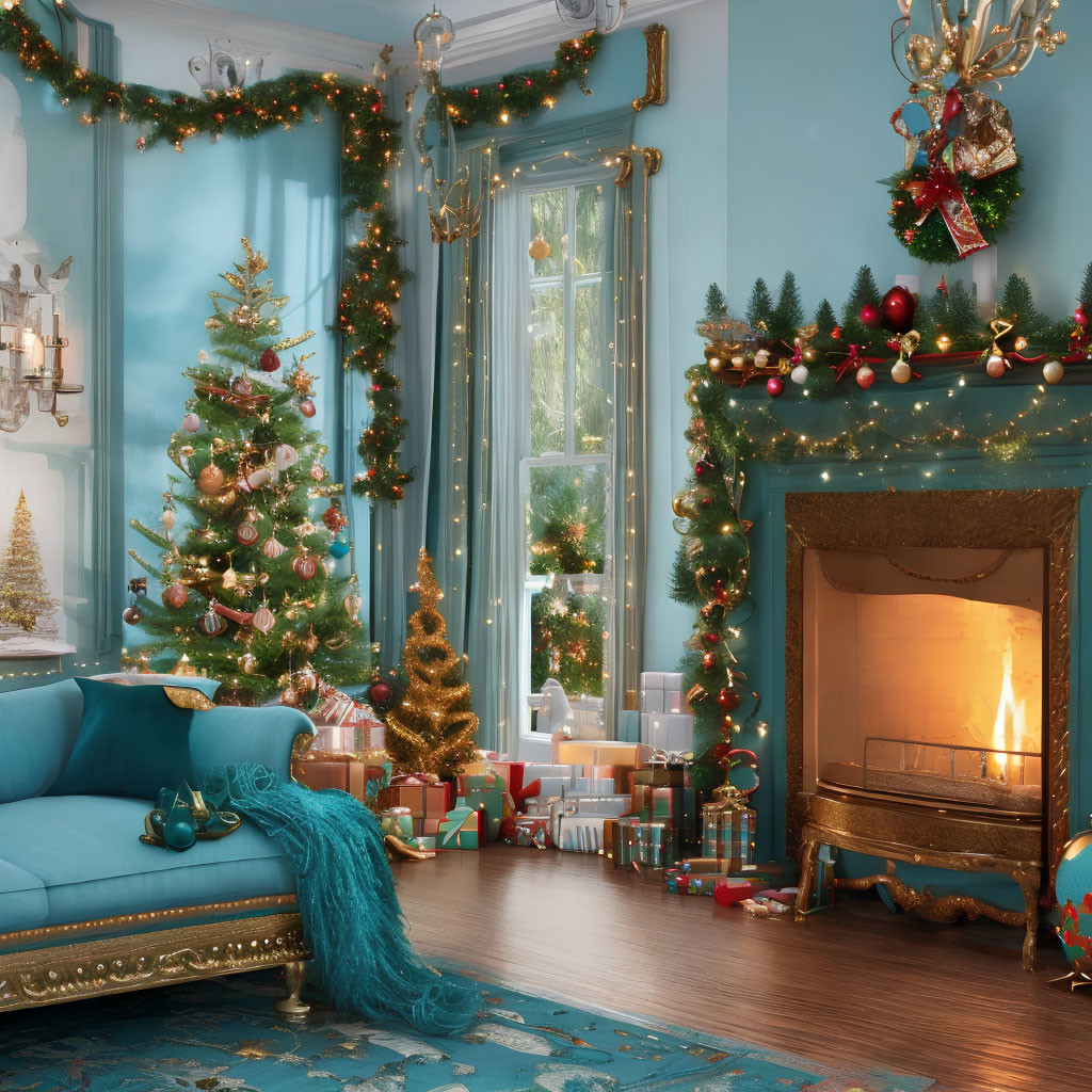 Cozy Christmas room with decorated tree, gifts, fireplace, blue sofa