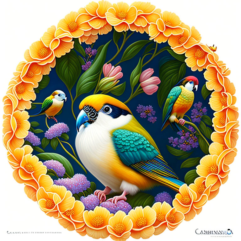 Colorful Bird Illustration with Floral Motifs in Circular Border