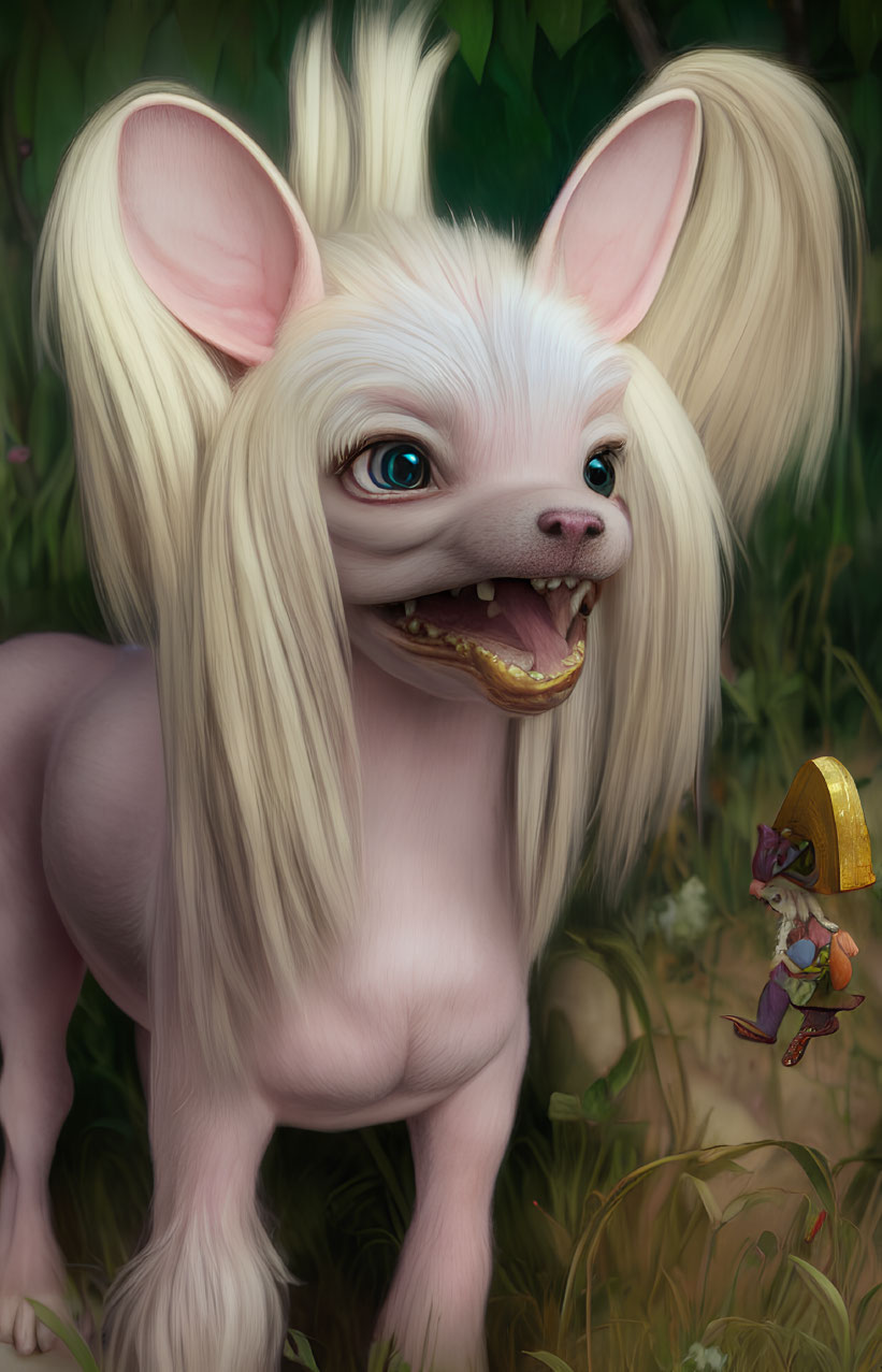 Pink Dog-like Creature with Oversized Ears and Human-like Teeth Behind Small Armored Humanoid with