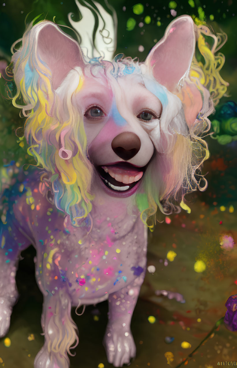 Whimsical dog painting with rainbow-colored fur and joyful expression