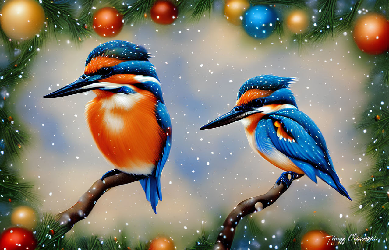 Colorful Kingfishers on Branches with Christmas Lights and Snowflakes