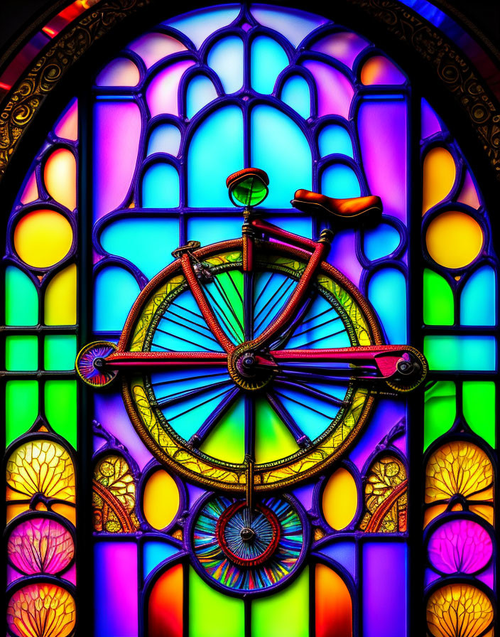 Colorful geometric pattern stained-glass window with vintage bicycle silhouette.