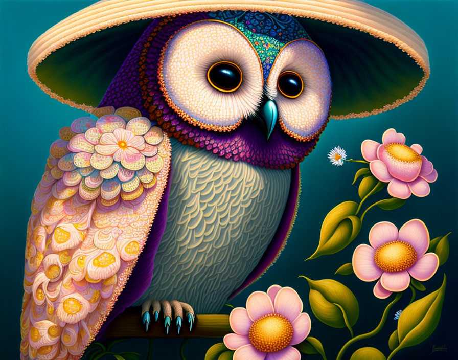 Colorful digital artwork: stylized owl with intricate patterns, large eyes, pink flowers, wide-br