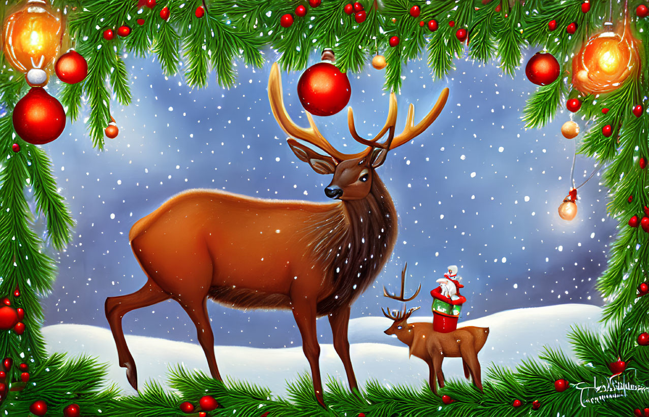 Illustration of festive reindeer with Santa hat, snow-covered fir branches, red baubles.