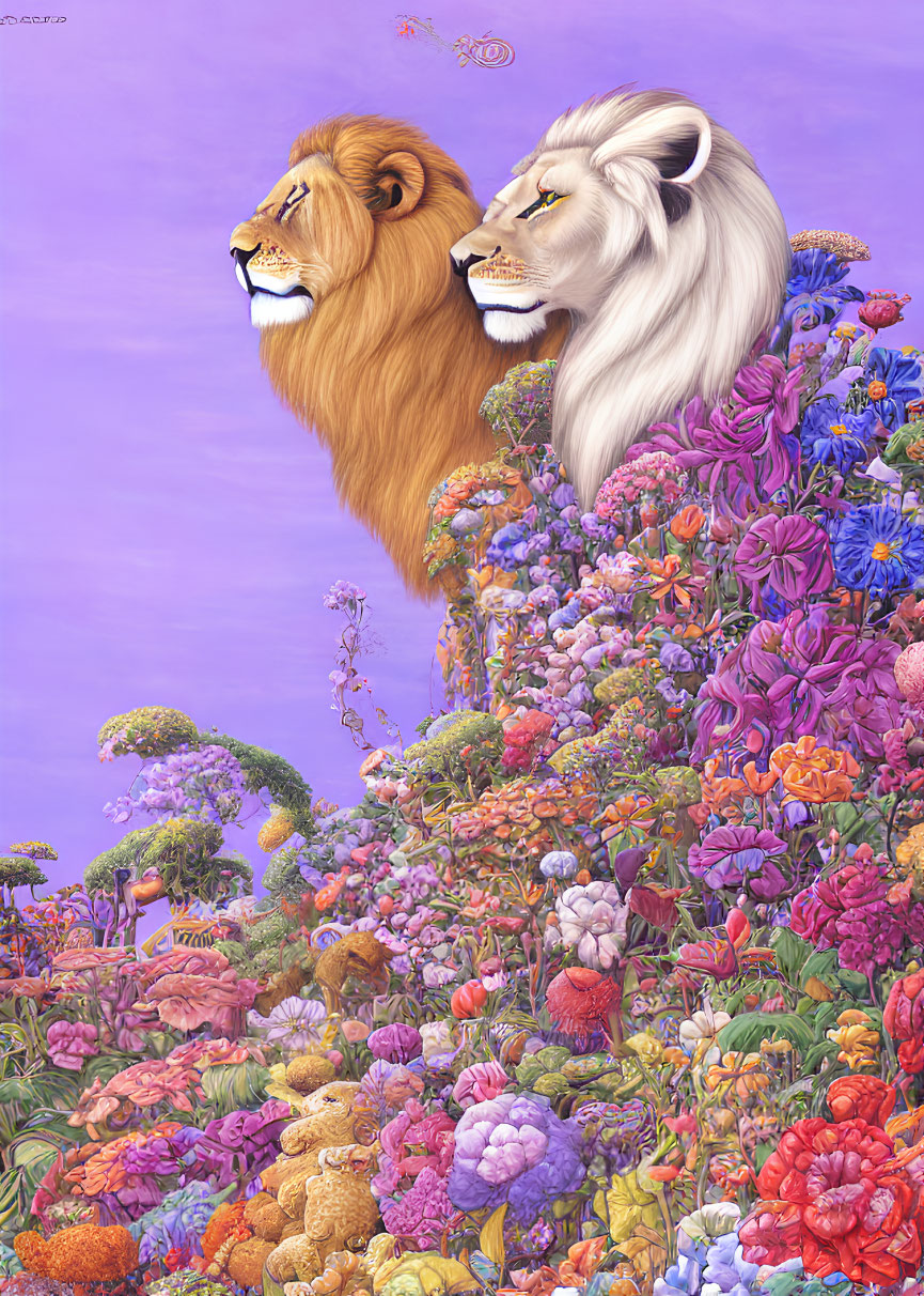 Male and Female Lions with Manes in Vibrant Floral Setting and Bees - Illustration