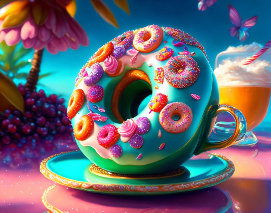 Whimsical Doughnut-Shaped Teacup with Mini Doughnuts and Candies on Vibrant