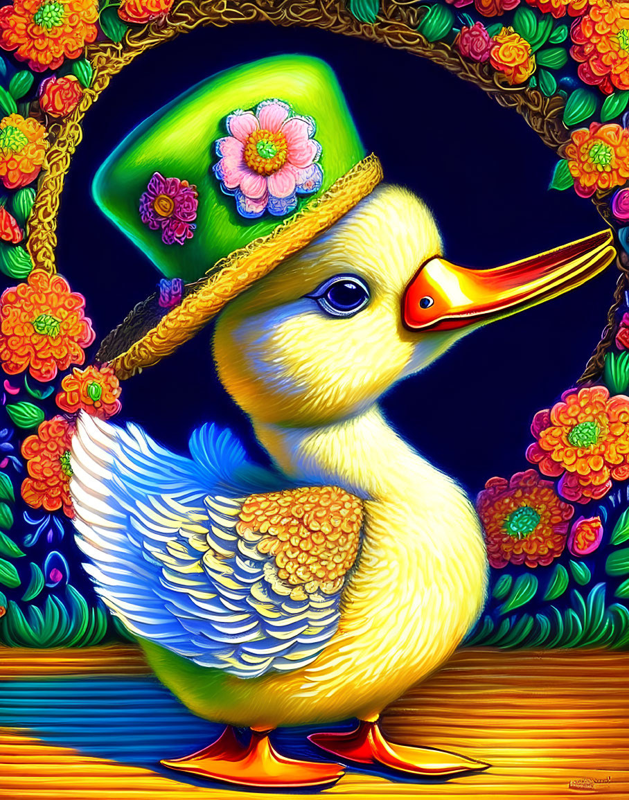 Colorful Duck with Green Hat in Floral Background