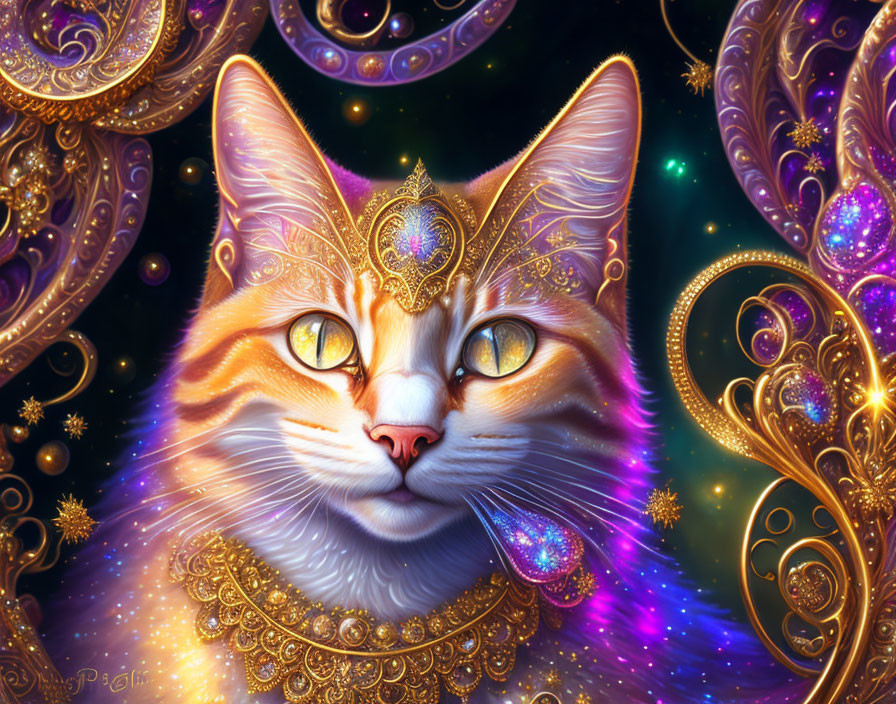 Majestic cat with golden jewelry in cosmic setting