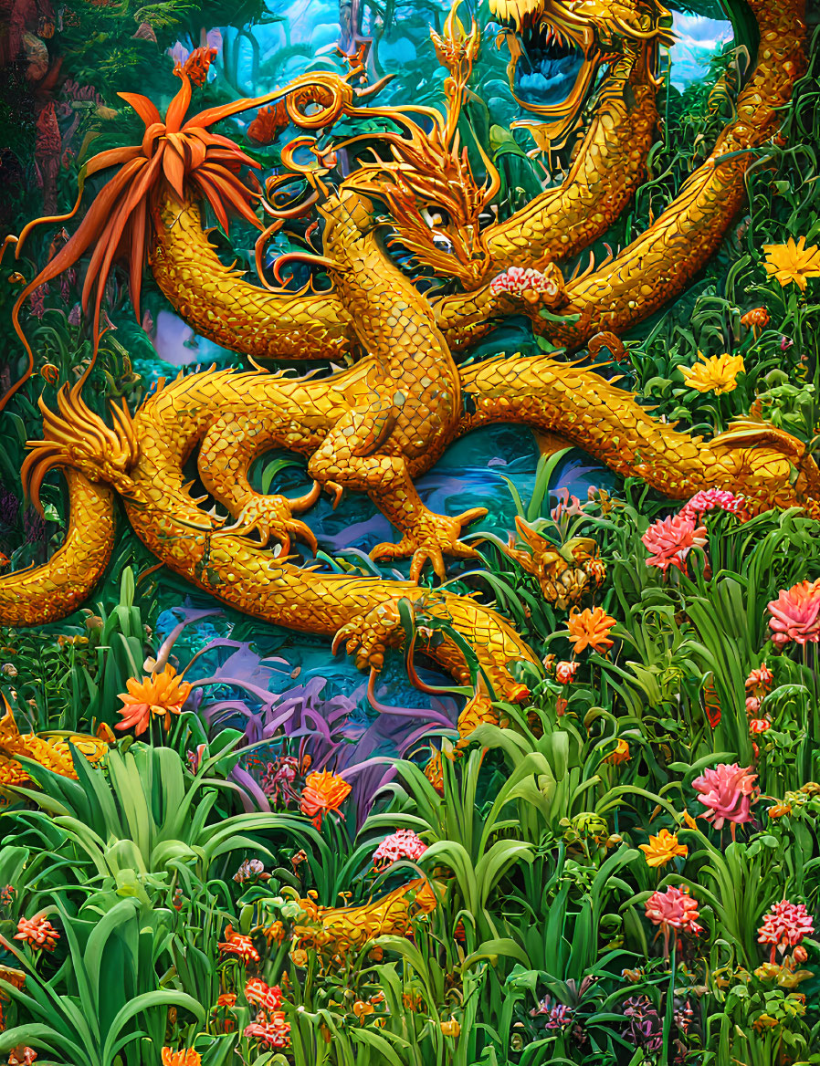 Golden dragon in lush jungle with exotic plants