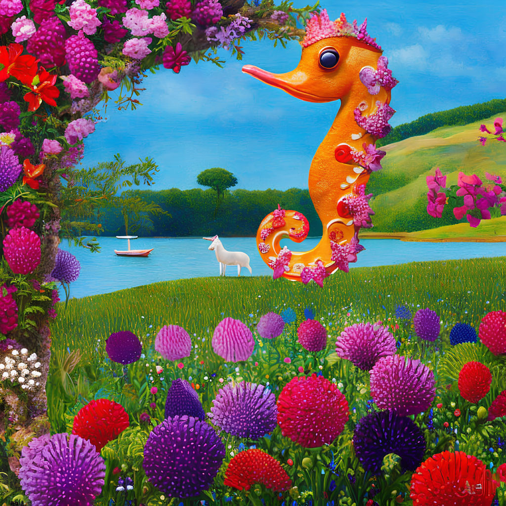 Colorful painting of whimsical seahorse and floral scenery