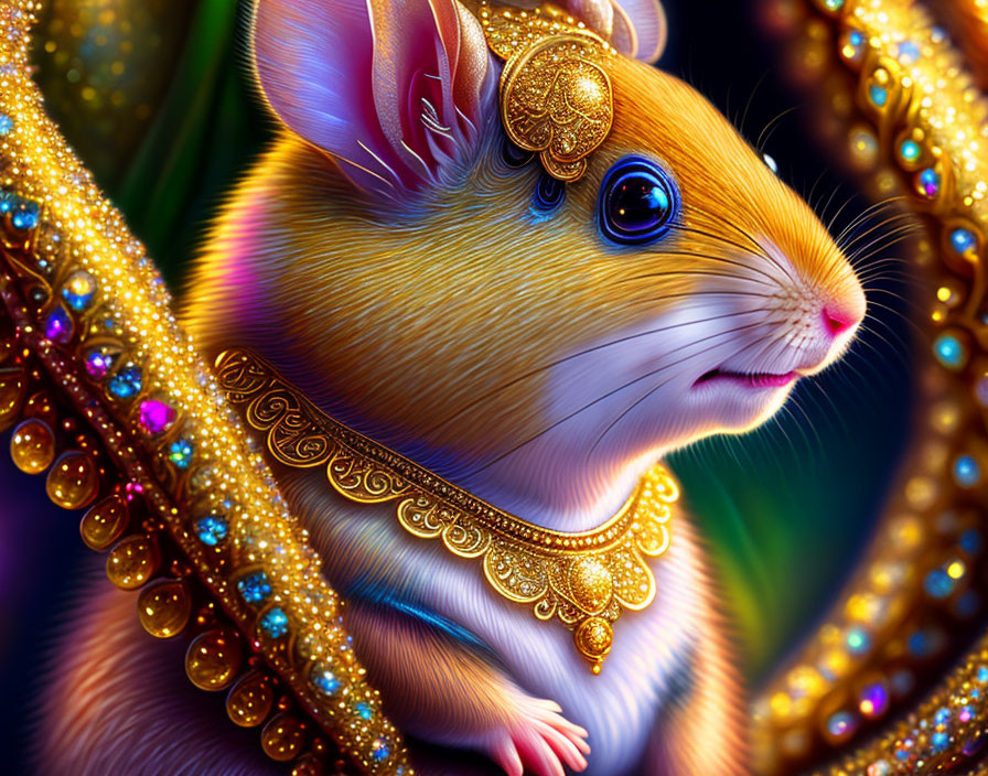 Illustrated mouse with expressive eyes in luxurious jewelry and fabric on dark background