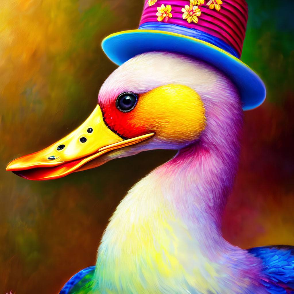 Vibrant duck with floral hat in colorful impressionistic scene