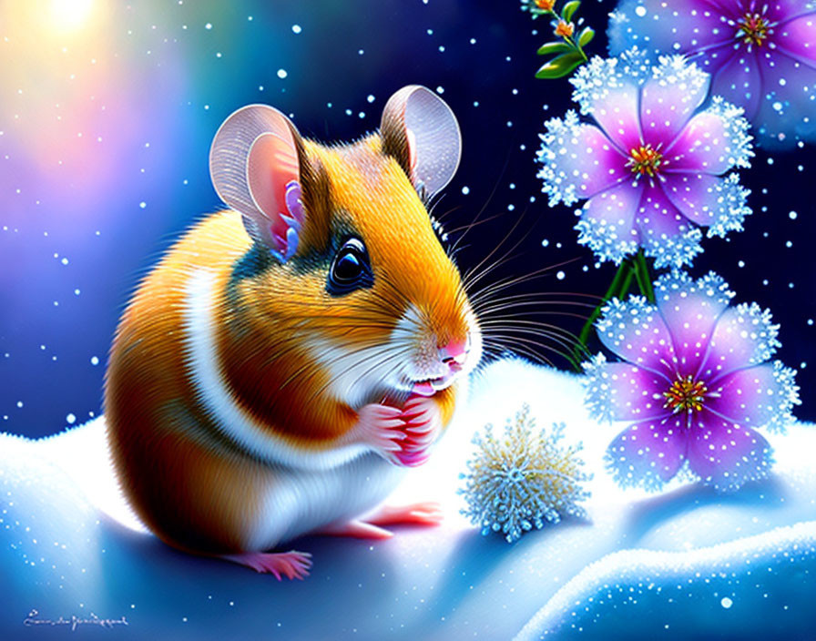 Colorful Illustration: Chubby Hamster in Snowy Landscape