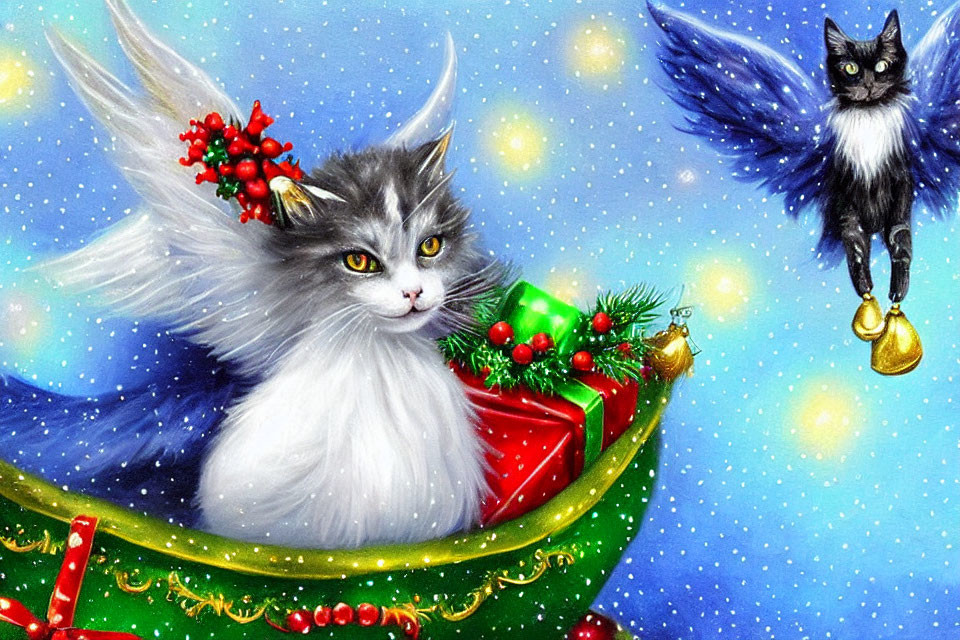 Whimsical illustration: Fluffy white cat with angel wings in festive sleigh