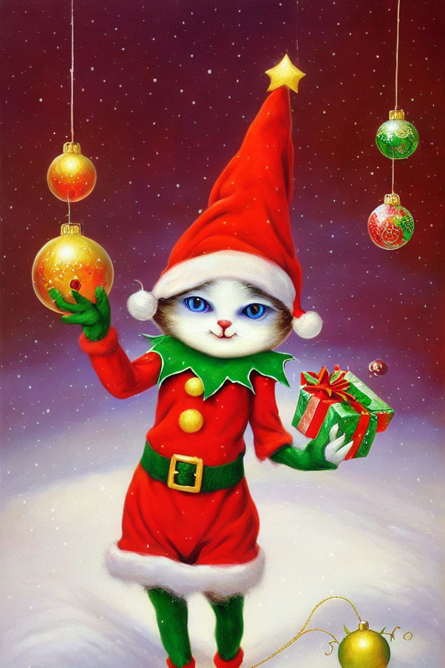 Whimsical Cat Santa Claus Juggling Ornaments on Snowy Background