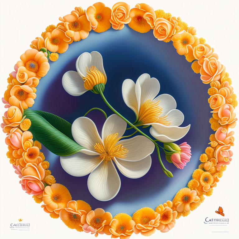 Circular white flower with orange blossoms on blue background and branding logos.