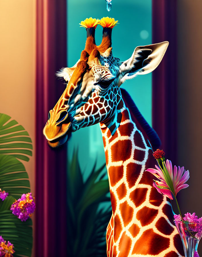 Colorful Giraffe with Flowers on Turquoise Background