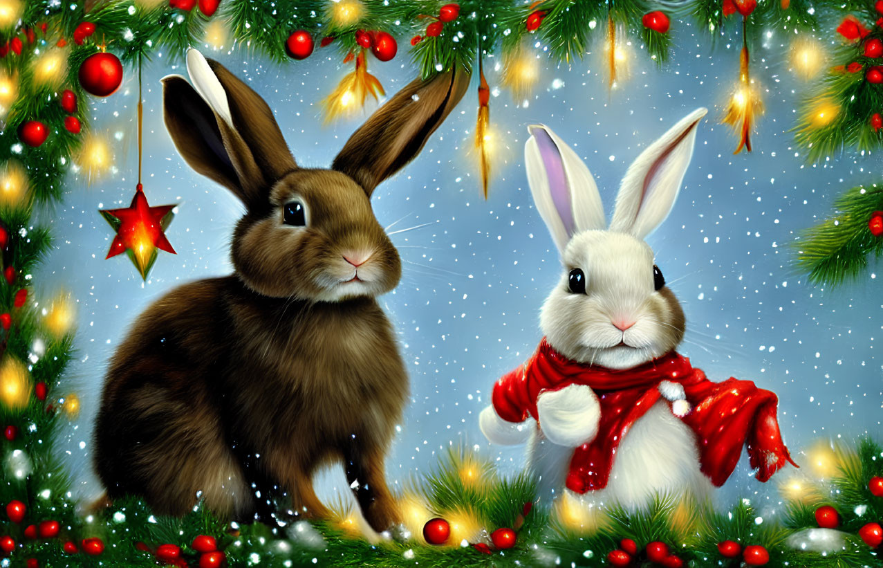 Illustrated brown and white rabbits with red scarf on festive Christmas background