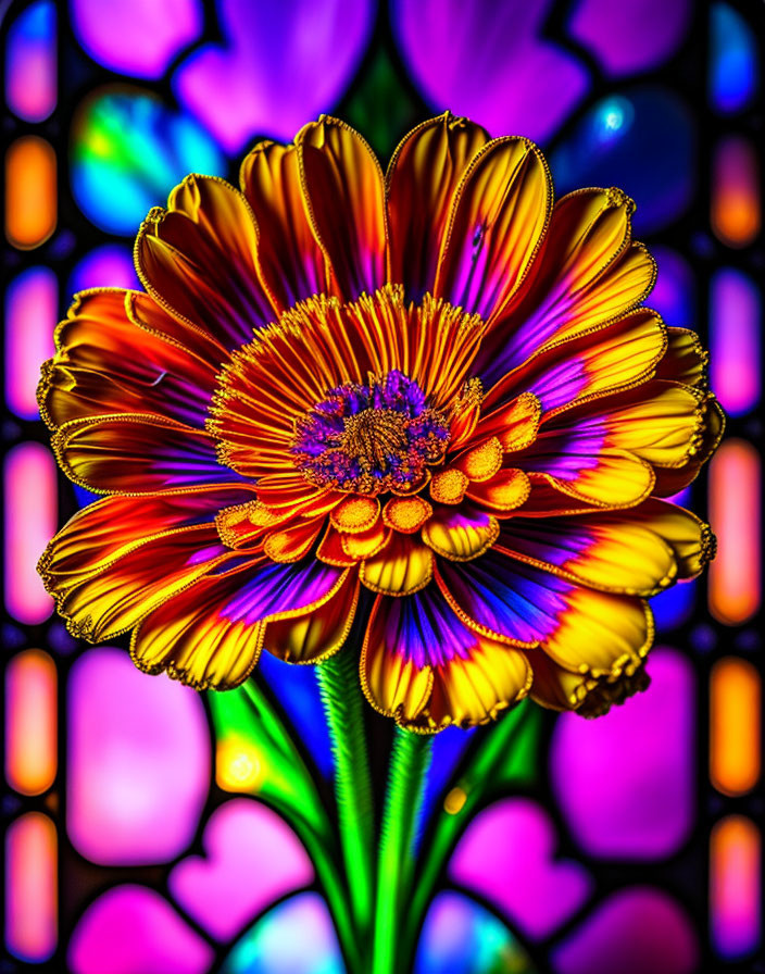 Colorful Close-Up of Vibrant Orange Flower on Stained Glass Background