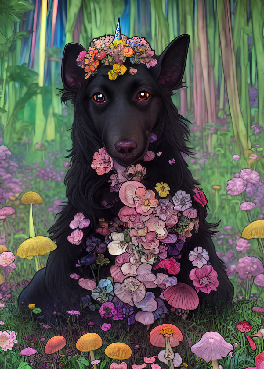 Black Dog with Unicorn Horn Surrounded by Mushrooms in Whimsical Forest